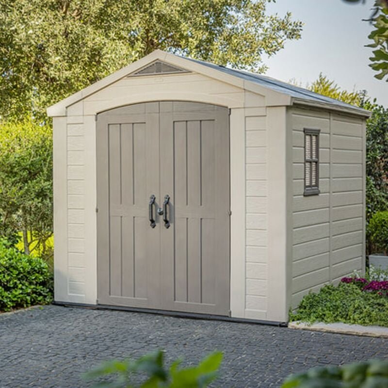 Keter Factor Beige Garden Shed 8 x 8 ft Apex Outdoor Storage Wood Effect Resin