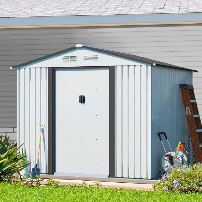 8’ X 8’ Outdoor Gable Steel Storage Shed White & gray